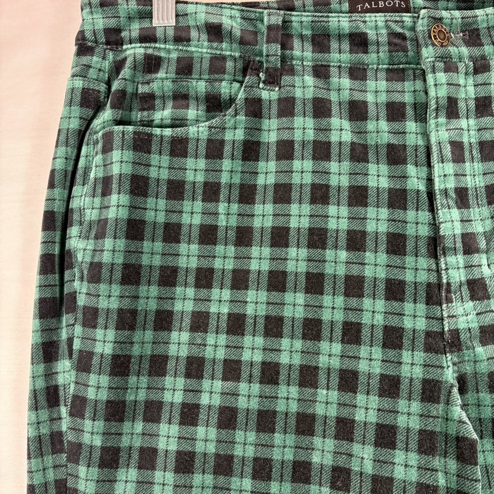 TALBOTS Velveteen Straight Leg Slimming Green Black Plaid Party Casual Pants 14 - Picture 6 of 9